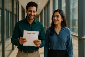 A smiling Indian man holding a promotion letter, standing beside a woman in a corridor, symbolizing a key career breakthrough in the story Echoes of Honour.