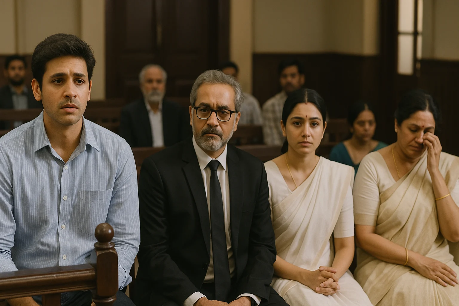 Indian family seated solemnly in a courtroom during a tense legal proceeding involving property and betrayal. 