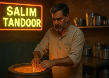 An elderly Indian man cooking at a tandoor oven in a rustic kitchen, under a neon sign that reads "Salim Tandoor".