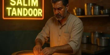 An elderly Indian man cooking at a tandoor oven in a rustic kitchen, under a neon sign that reads "Salim Tandoor".