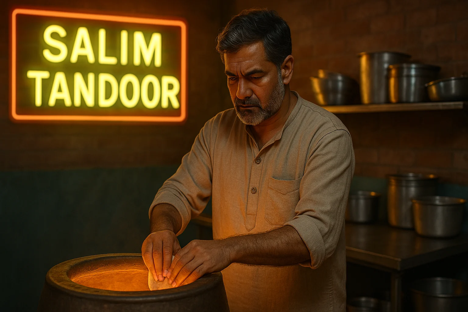 An elderly Indian man cooking at a tandoor oven in a rustic kitchen, under a neon sign that reads "Salim Tandoor".