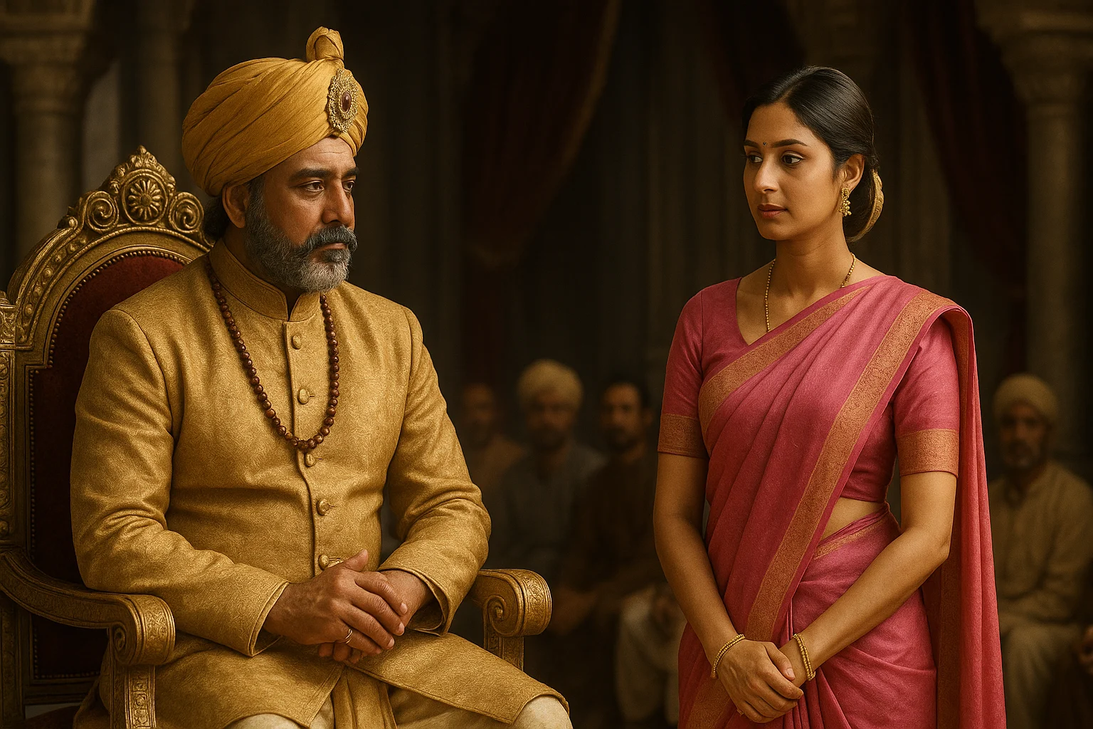 King Rudra Pratap sits on his ornate throne while Princess Kshirja stands beside him in a royal court setting, both in traditional regal attire.