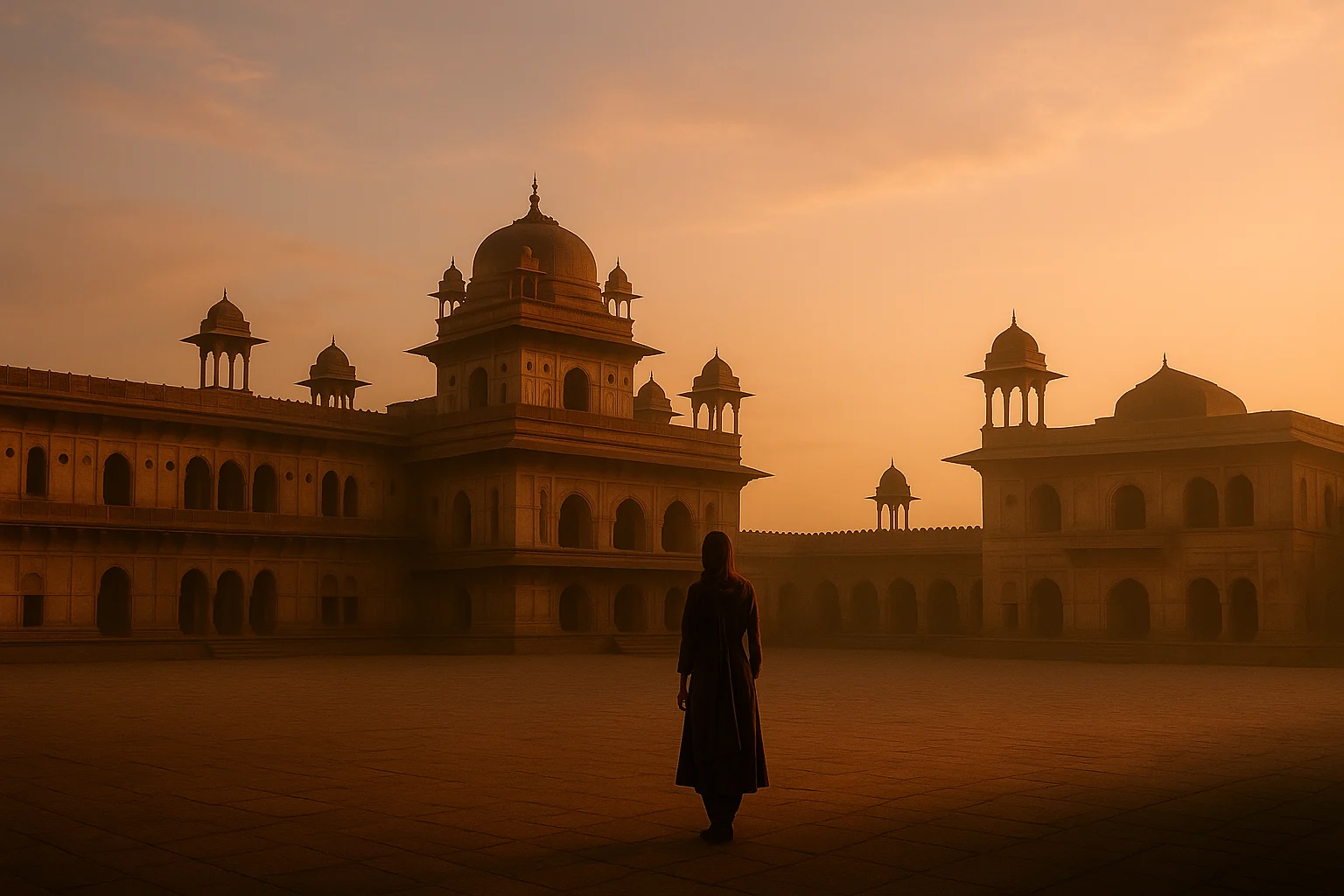 A lone woman stands before a grand Indian palace at sunrise, bathed in golden mist and silence.