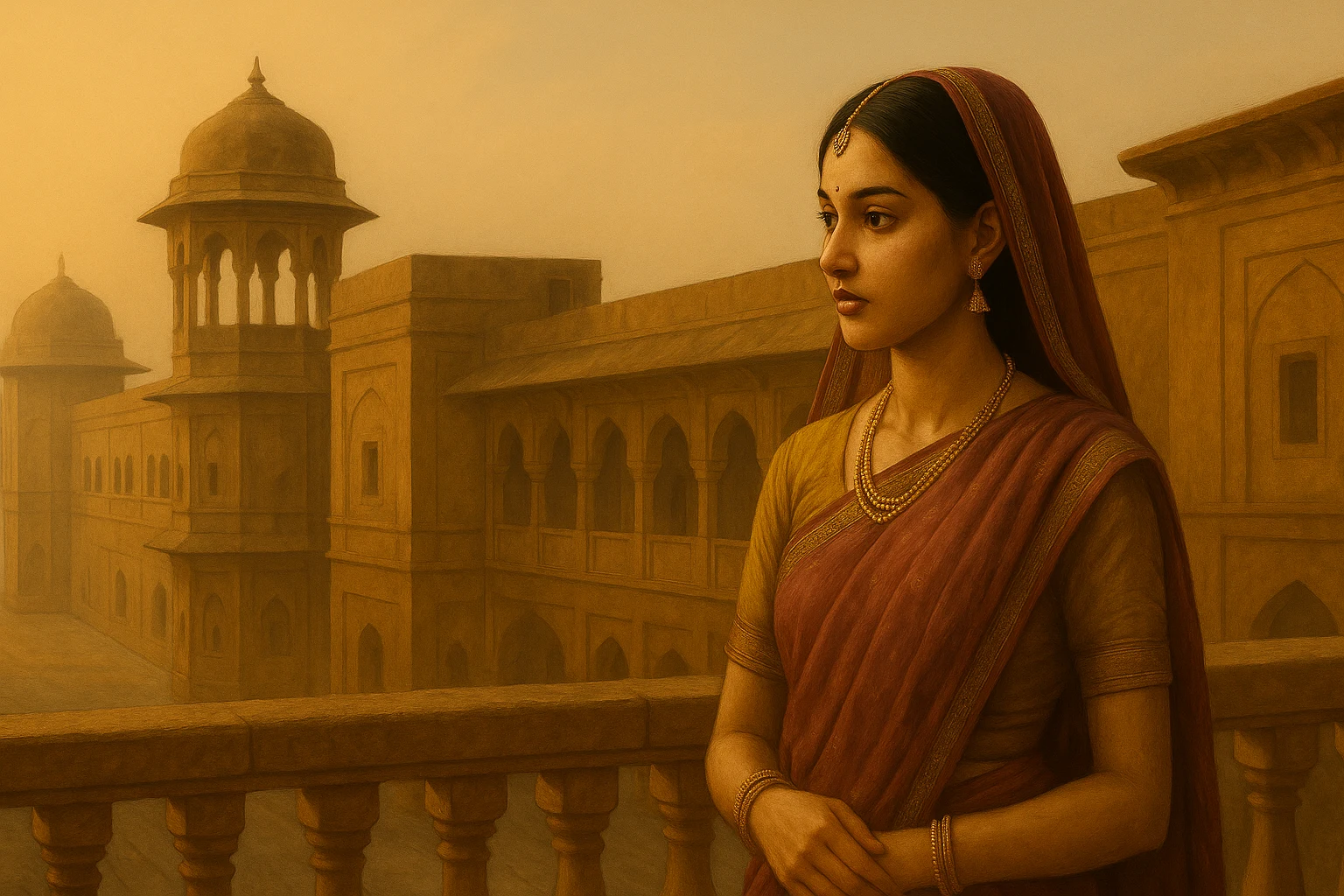 A young Indian princess in traditional attire stands on a palace balcony at sunrise, gazing into the distance with quiet resolve.