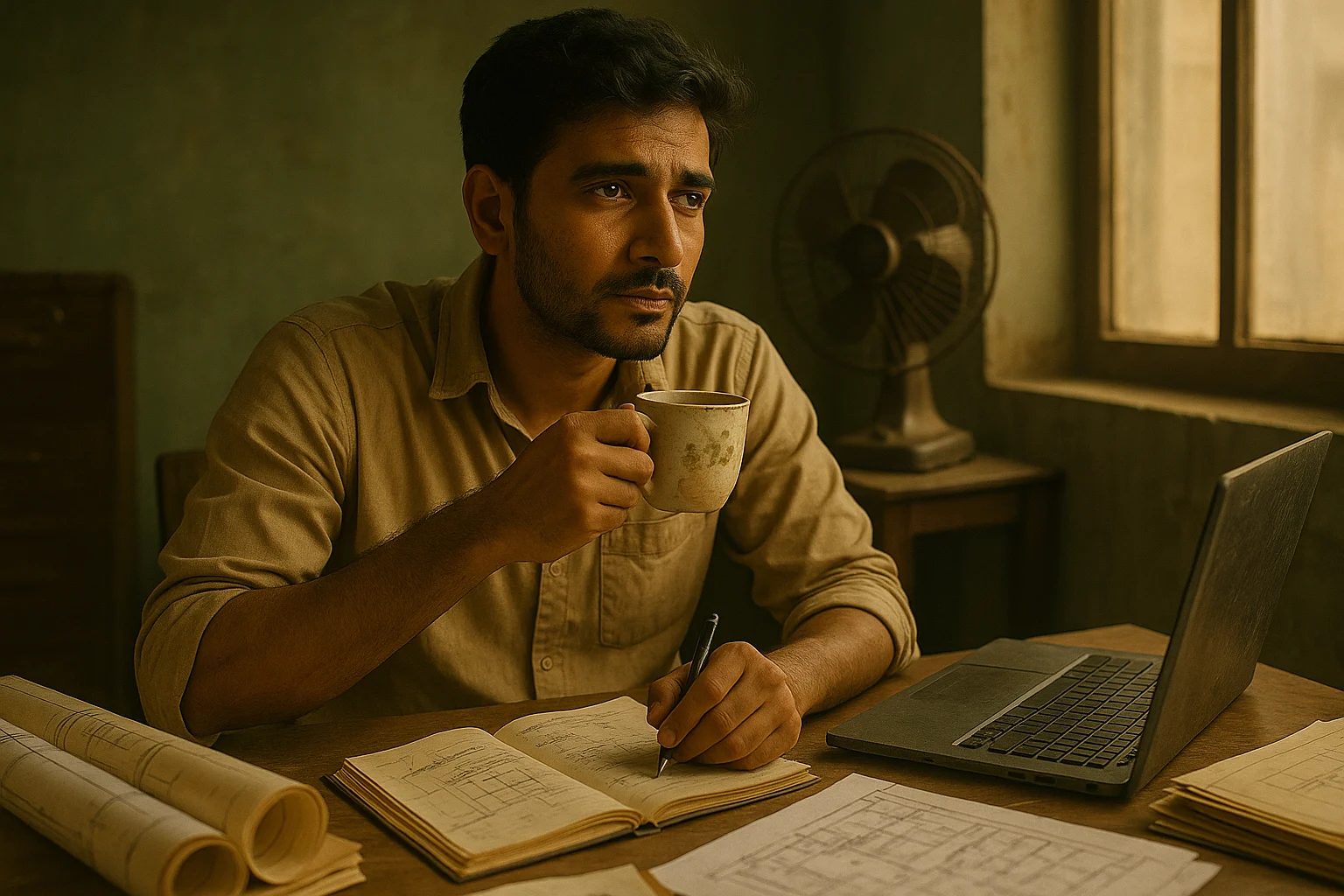 A young South Asian man sits at a rustic desk with blueprints and notebooks, sipping tea and planning in a dimly lit room, symbolizing his early entrepreneurial struggles.