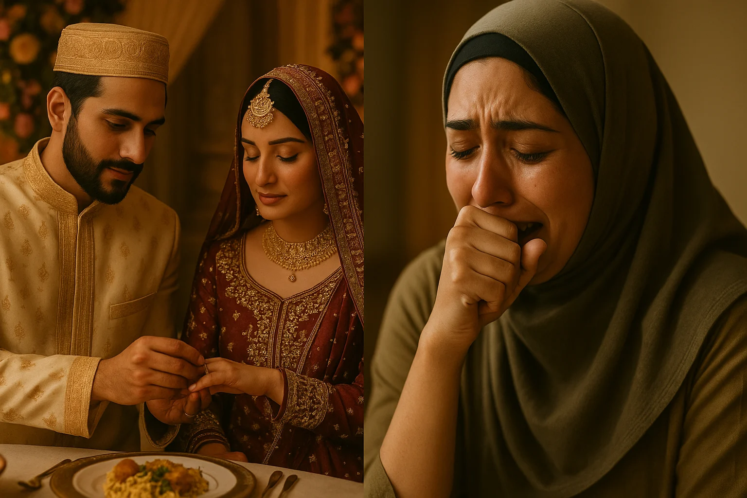 A diptych showing a South Asian Muslim couple at their wedding ceremony on the left and a heartbroken woman in a hijab crying on the right, representing emotional contrast in a family drama.