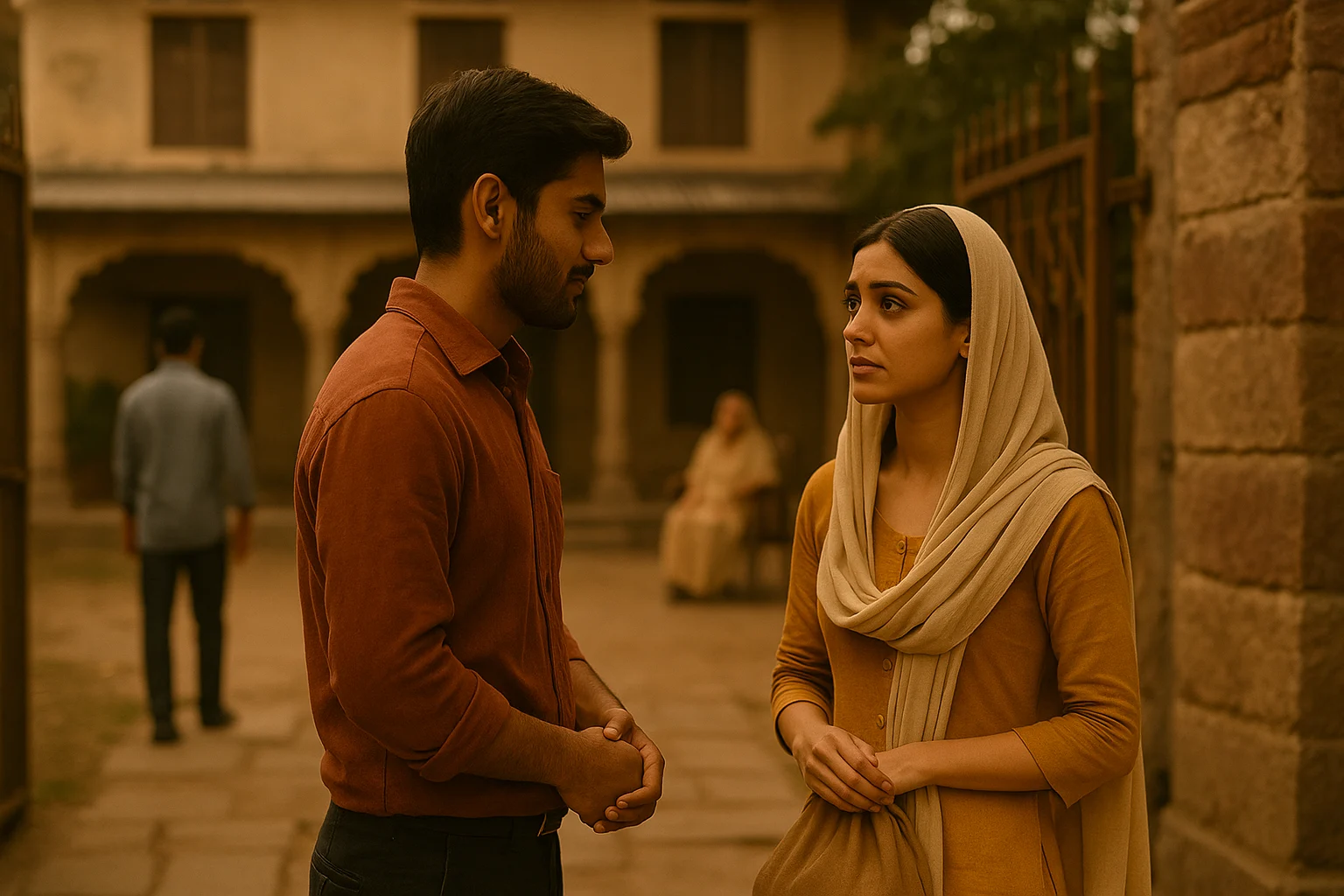 A young South Asian woman in a simple saree sits beside a modestly dressed man on a bench, both looking pensive in a quiet, sunlit lane.