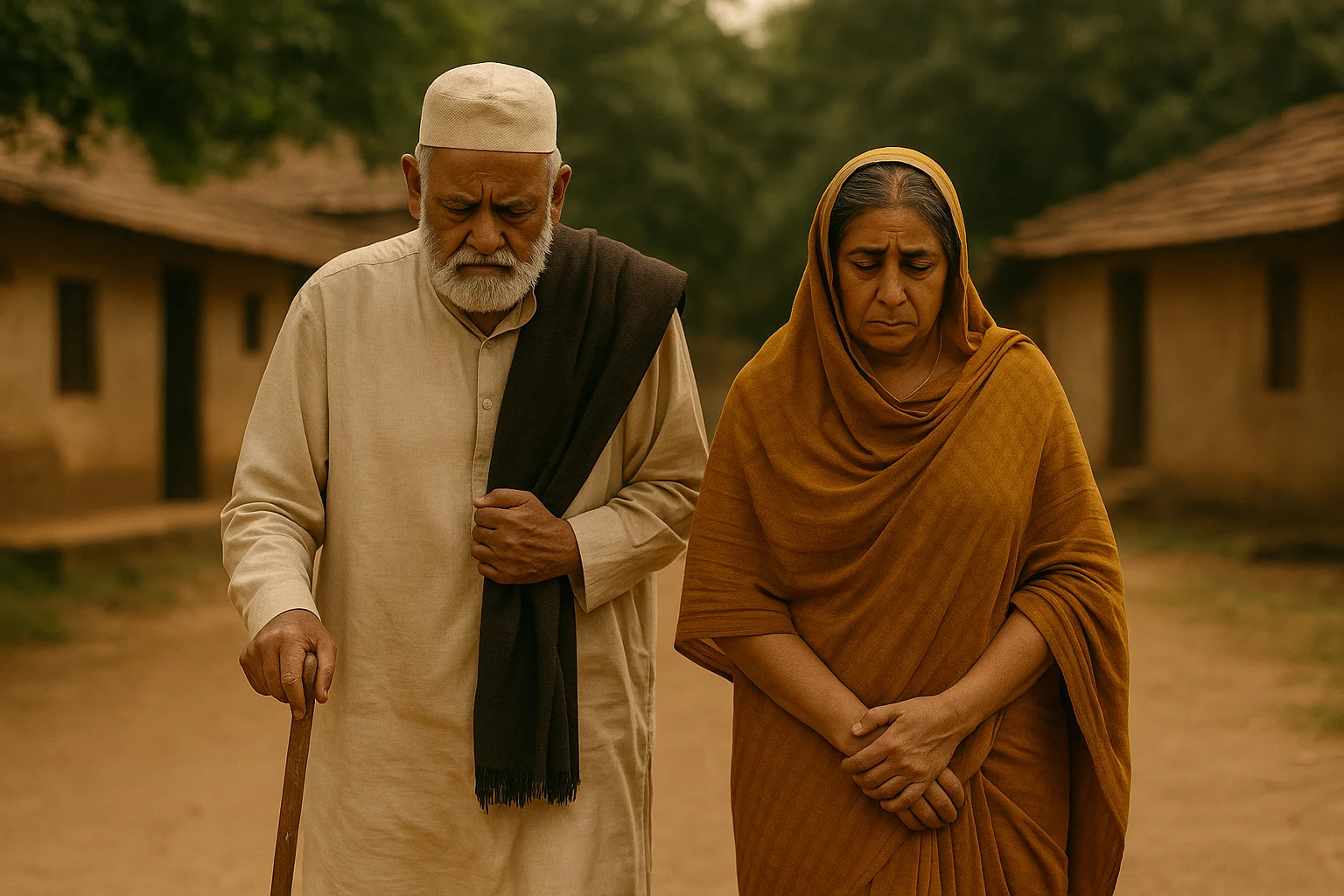 An elderly South Asian woman sits alone in a dimly lit village room, reflecting on her sorrowful past and abandonment by her children.