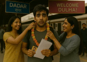 A surprised young Indian man stands on a Mumbai train platform while two women in festive wedding attire mistakenly place garlands around his neck, confusing him for the groom.