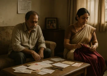 An Indian middle-aged couple sitting in a modest home, surrounded by old furniture and silent tension.