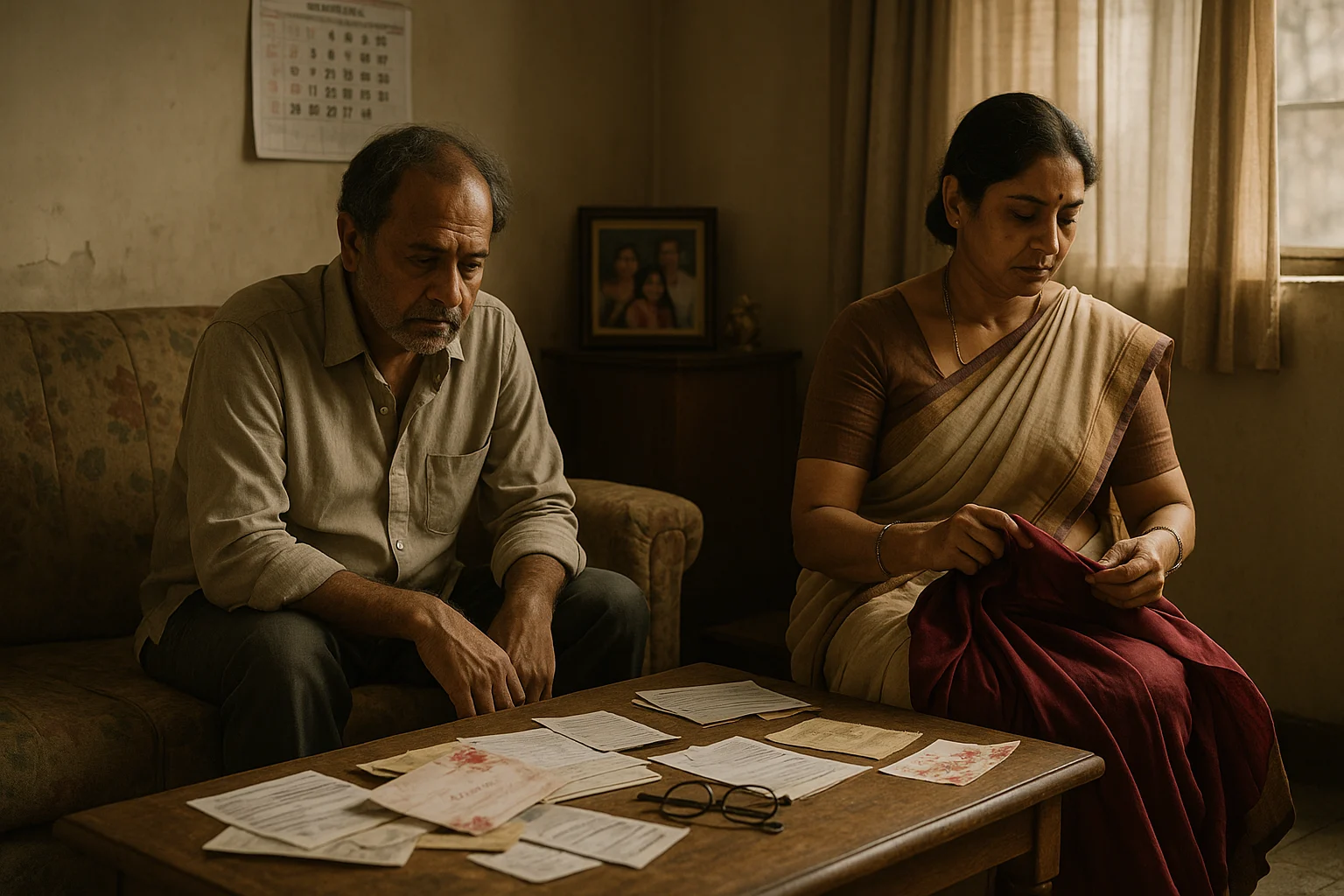 An Indian middle-aged couple sitting in a modest home, surrounded by old furniture and silent tension.