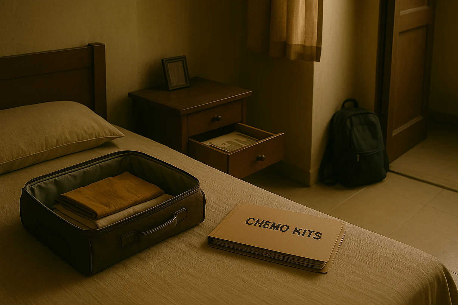 Open suitcase and labeled folder “Chemo Kits” in a quiet bedroom setting
