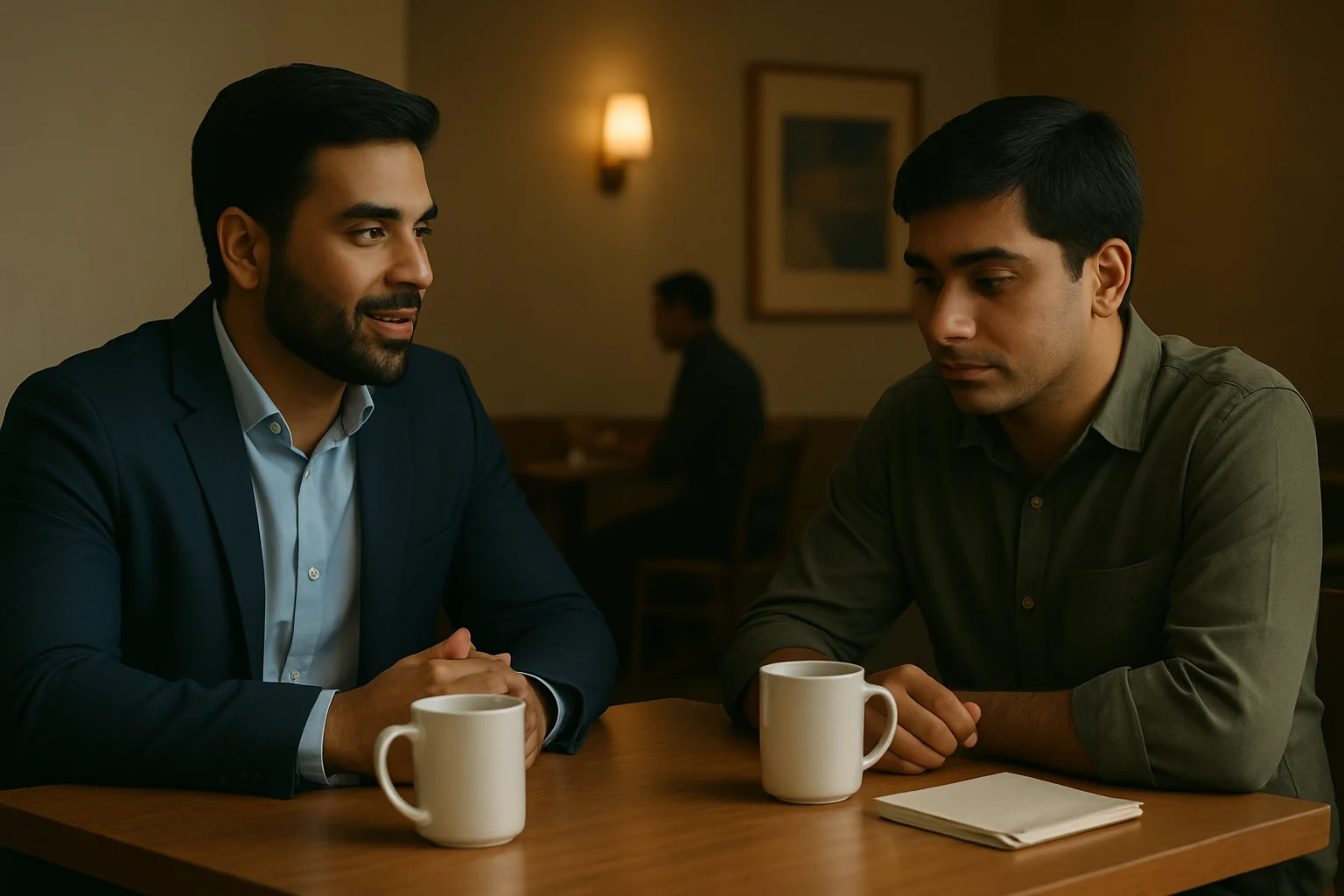 Two South Asian men in their 30s sit across a wooden café table, one speaking gently while the other listens thoughtfully with a coffee mug in front of him. 