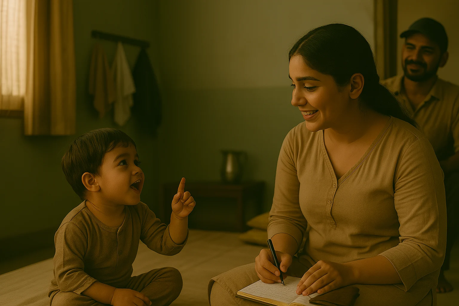 South Asian family at home as toddler speaks for the first time, parents reacting with joy