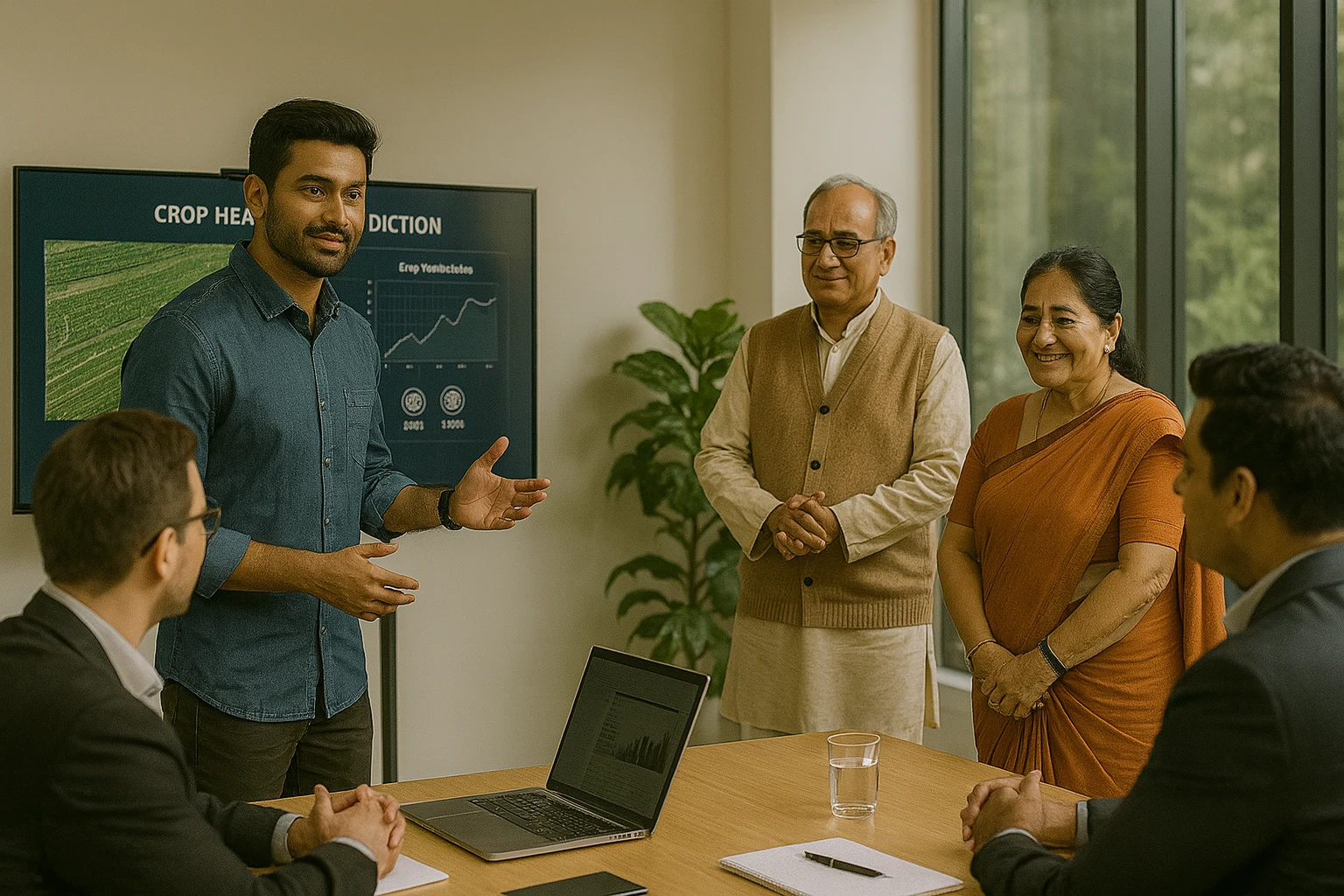A young Indian entrepreneur presents his crop health prediction startup to investors while his proud elderly parents watch in a modern conference room.