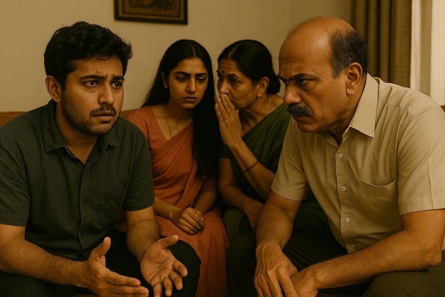 Bittoo sits nervously in front of a disapproving bride’s father, while two women in the background whisper judgmentally during a marriage proposal discussion.