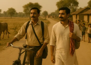 Two Indian brothers walk on a dusty village road, one with a bicycle, the other with a red gamcha, as village children wave in the background