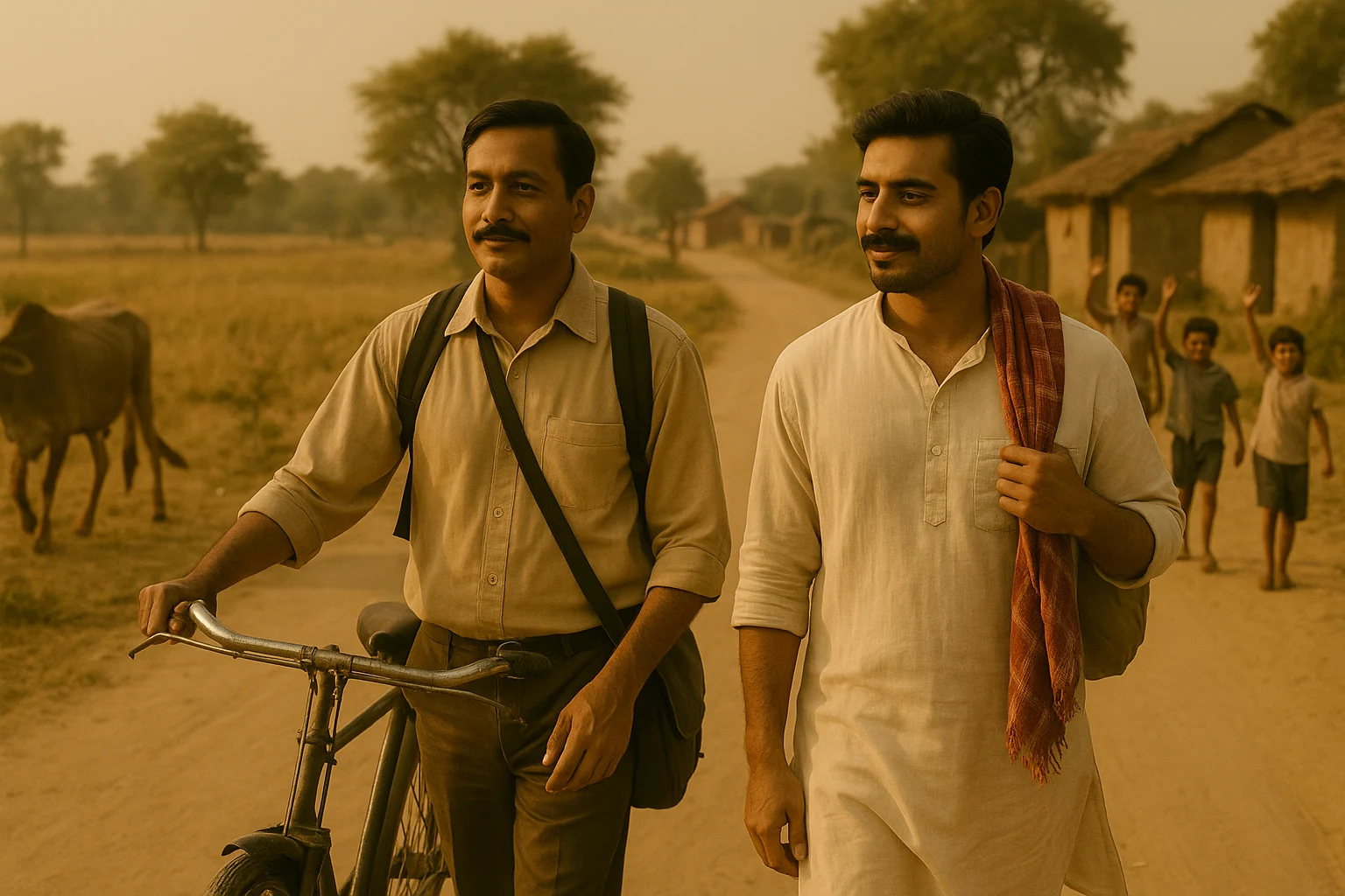 Two Indian brothers walk on a dusty village road, one with a bicycle, the other with a red gamcha, as village children wave in the background