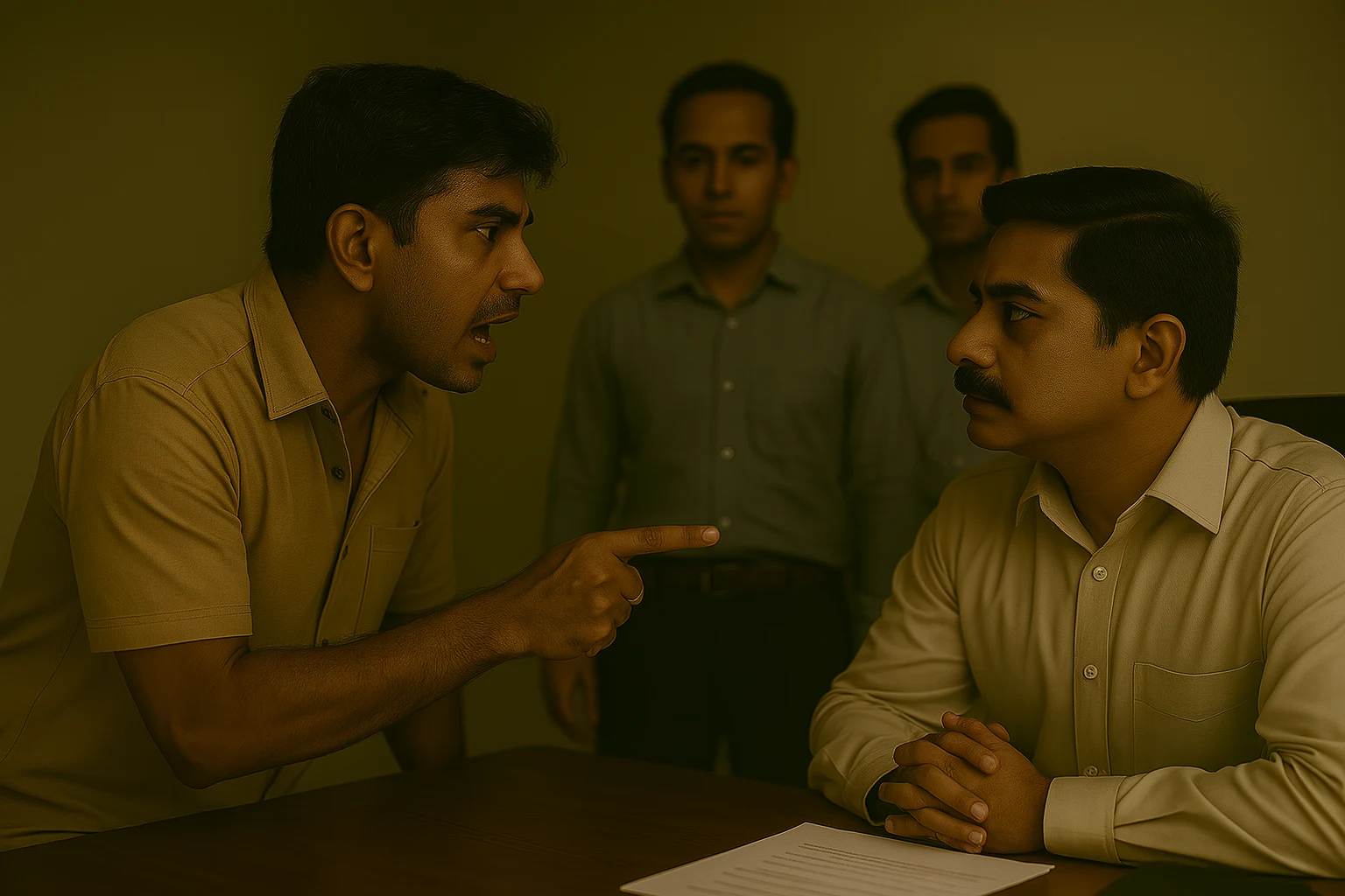 A heated exchange between a standing man in a beige shirt pointing angrily at a calm, seated man in a formal shirt, with two employees observing quietly in the background inside an office setting.