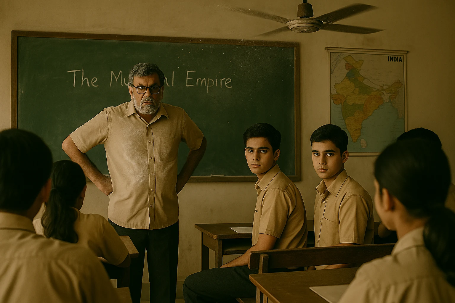 Indian classroom with angry chalk-covered teacher and two schoolboys pretending innocence during history lesson