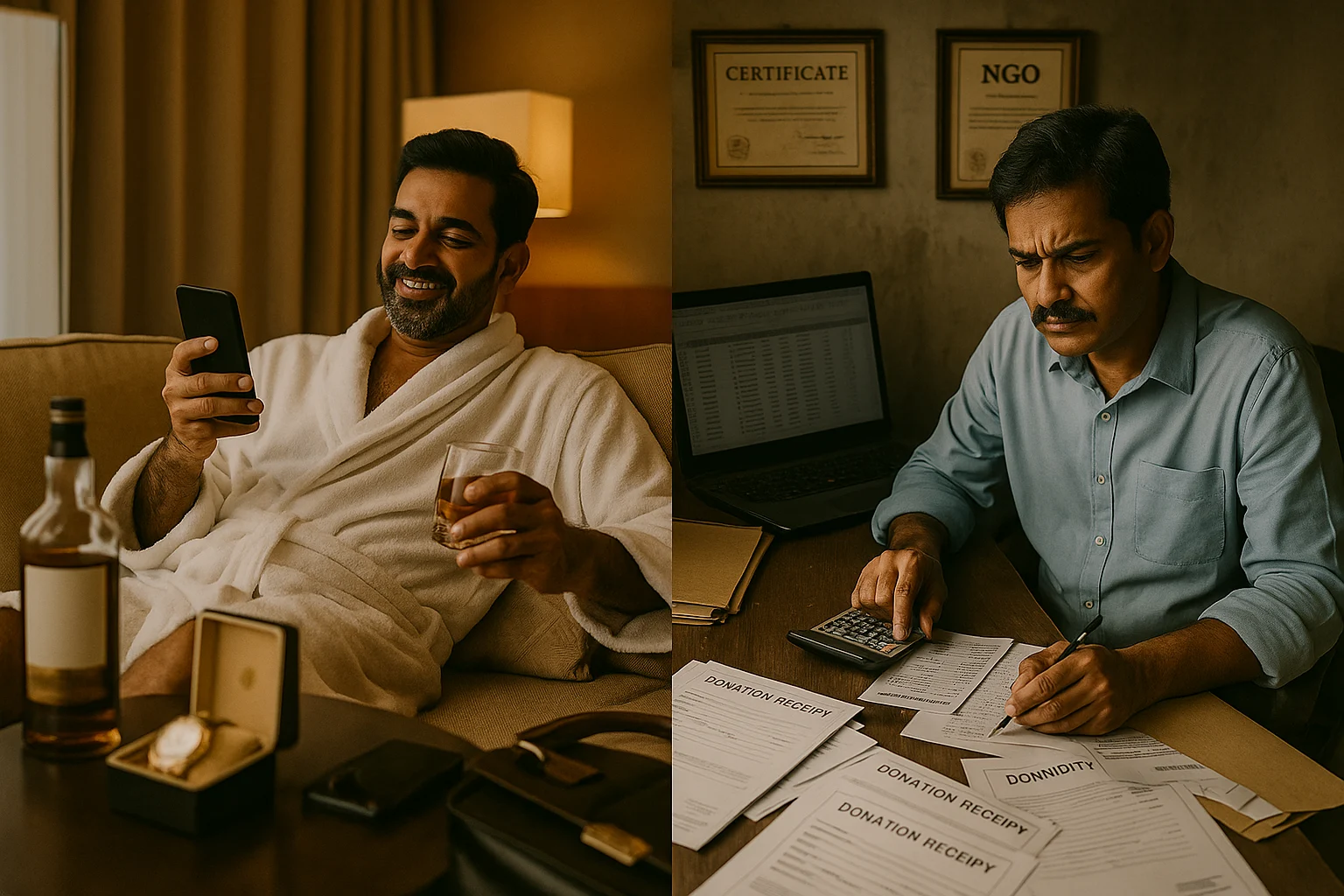 Split-frame image showing two contrasting scenes: on the left, a man in a luxury hotel enjoying a lavish meal and drinks; on the right, another man sits at a cluttered desk adjusting NGO financial documents under dim lighting.