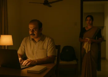 Middle-aged Indian couple emotionally distant in their home at night, man working on laptop while woman watches silently