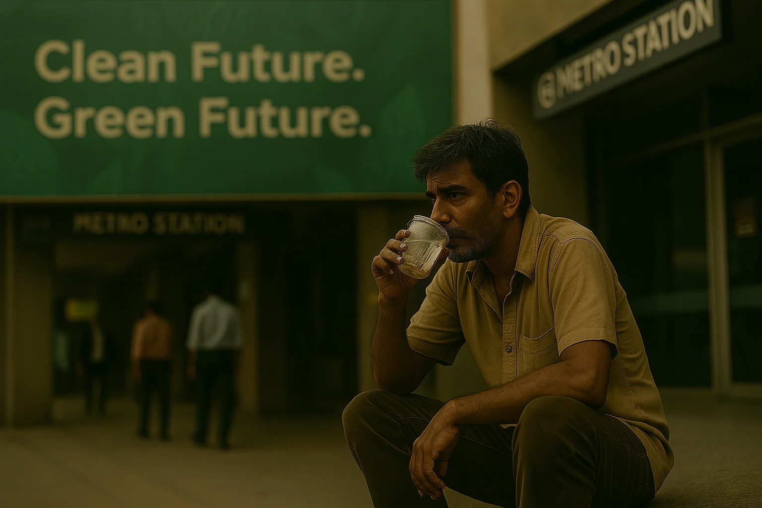 A disheveled South Asian man in torn sandals sits outside an NCR metro station, sipping water from a broken plastic cup, with a billboard behind him that reads “Clean Future. Green Future.”