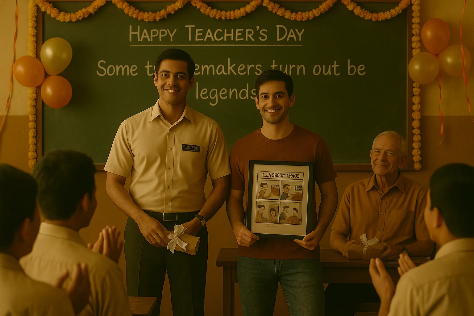 Two grown-up Indian men, once mischievous schoolboys, stand in front of a classroom on Teacher’s Day, holding a gift and comic strip, while students applaud.