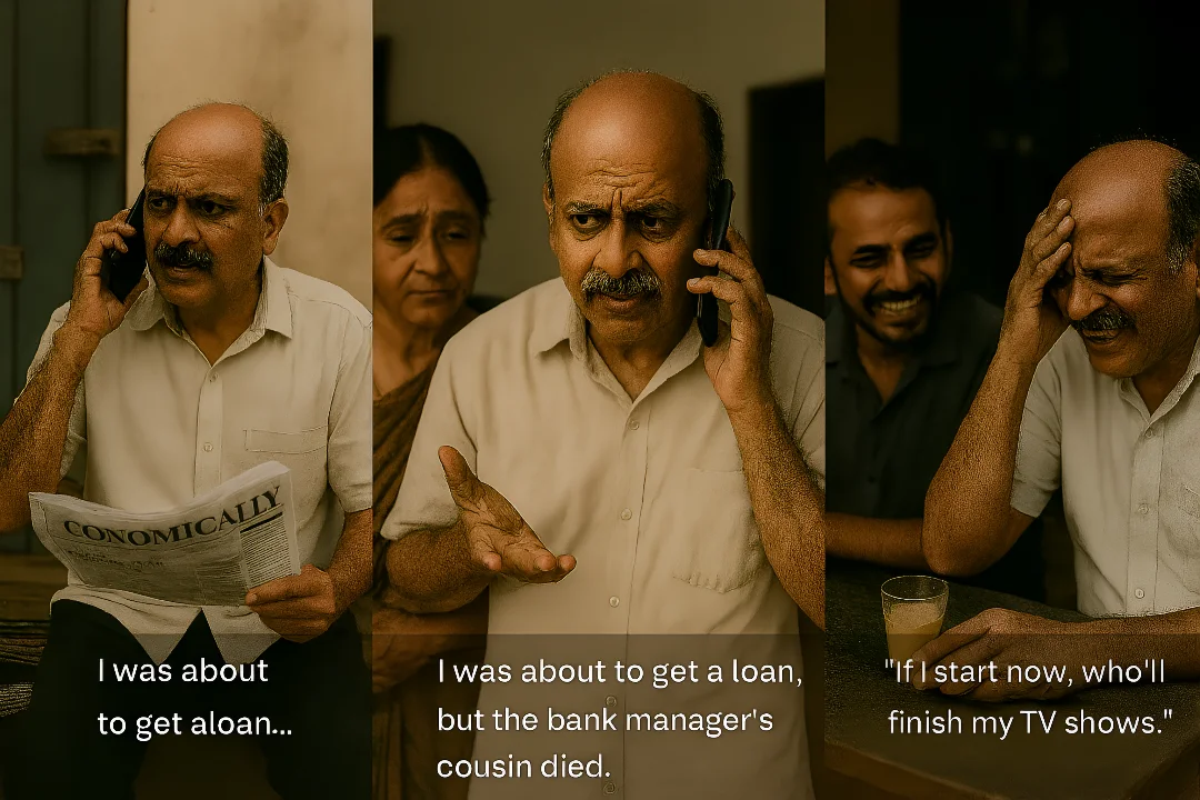 A triptych of an older Indian man, Gopal, avoiding responsibility in humorous daily situations.