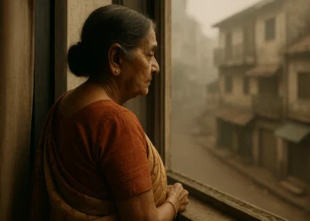 Elderly Indian woman in a saree gazes out of a window onto a quiet, foggy street, reflecting solitude and resilience.