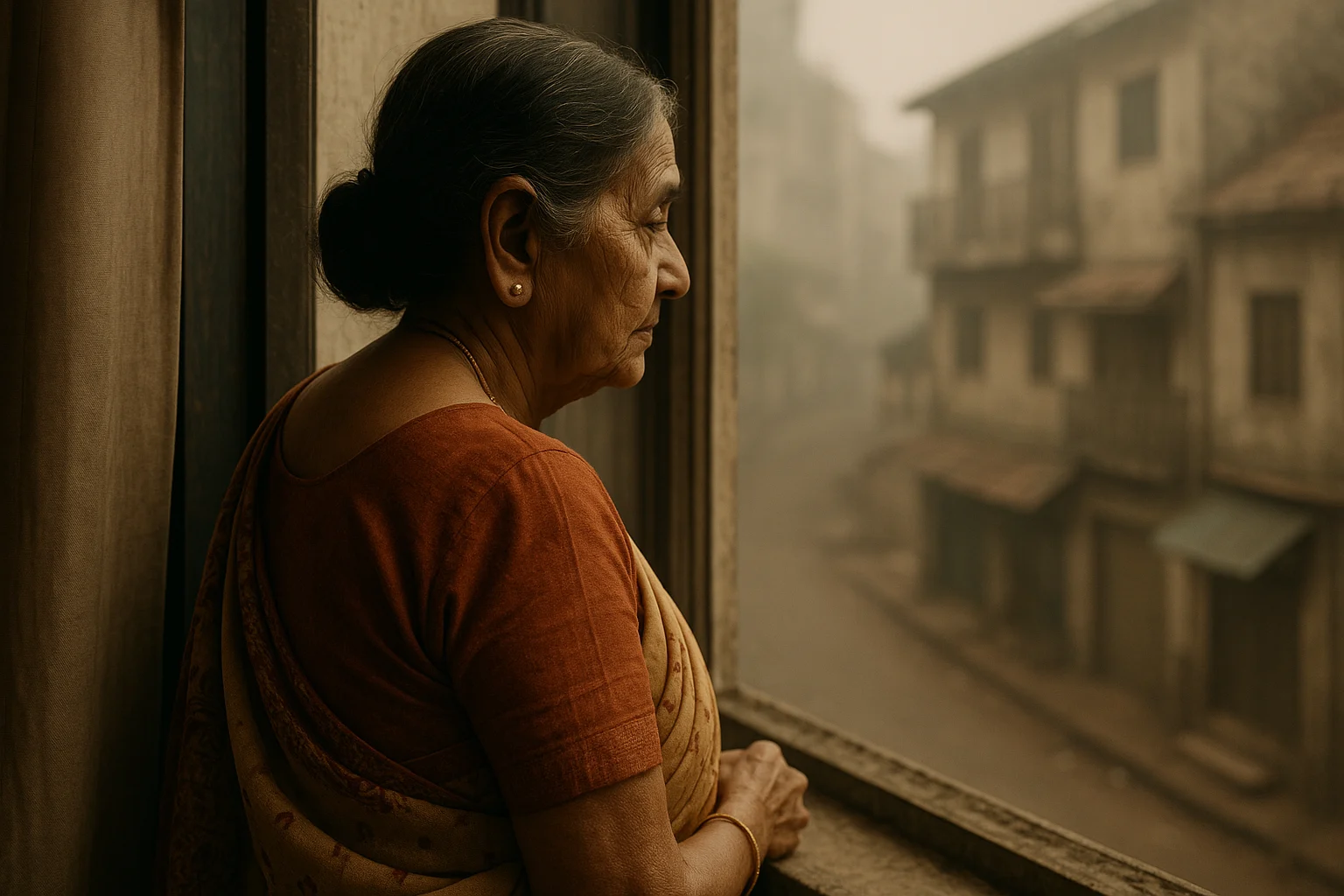 Elderly Indian woman in a saree gazes out of a window onto a quiet, foggy street, reflecting solitude and resilience.