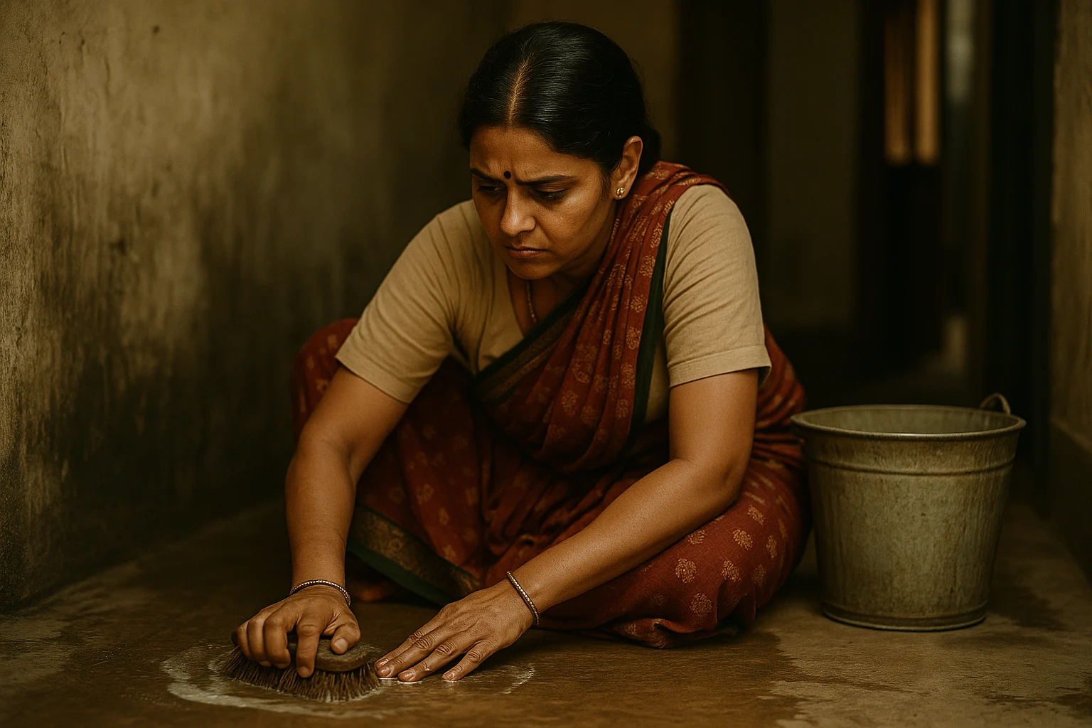 Middle-aged Indian woman in a saree scrubbing the floor with a brush, showing determination and resilience in a dimly lit corridor.
