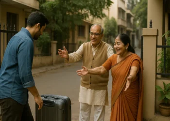 A young Indian man returns home with a suitcase as his elderly parents welcome him warmly outside their house in a quiet residential lane.