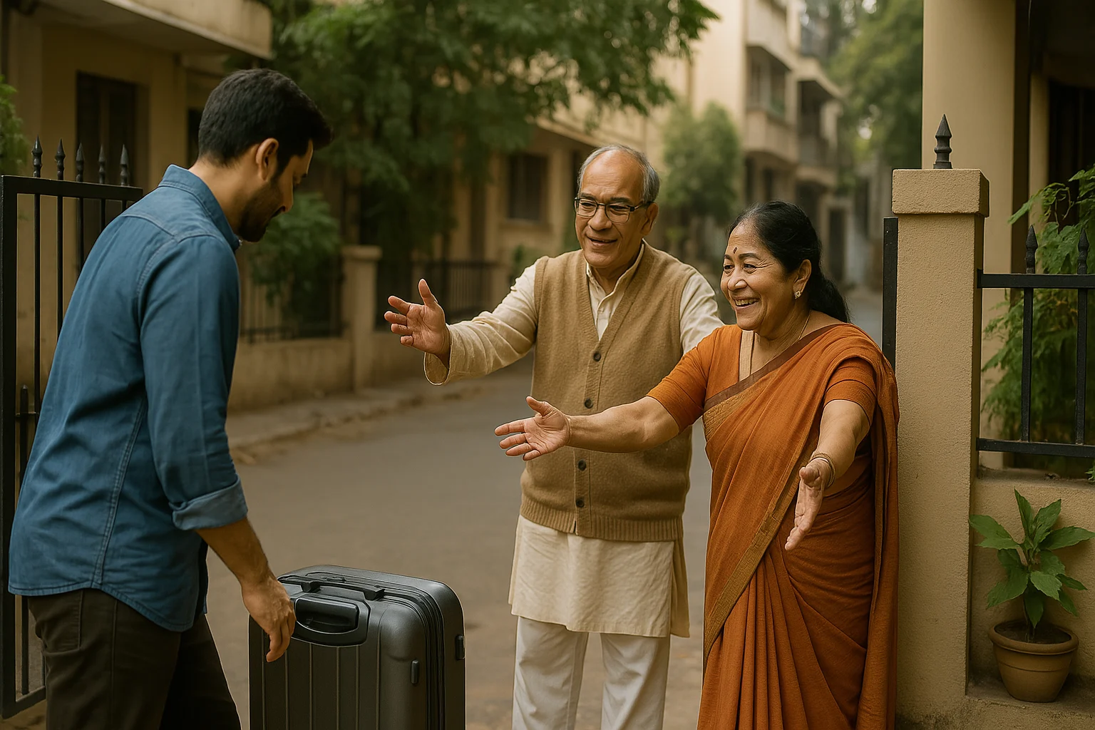 A young Indian man returns home with a suitcase as his elderly parents welcome him warmly outside their house in a quiet residential lane.