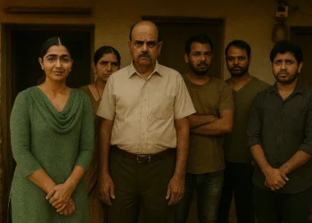 An Indian middle-aged couple stands with their three sons and one daughter outside a modest rural home, representing a family struggling with economic hardships.