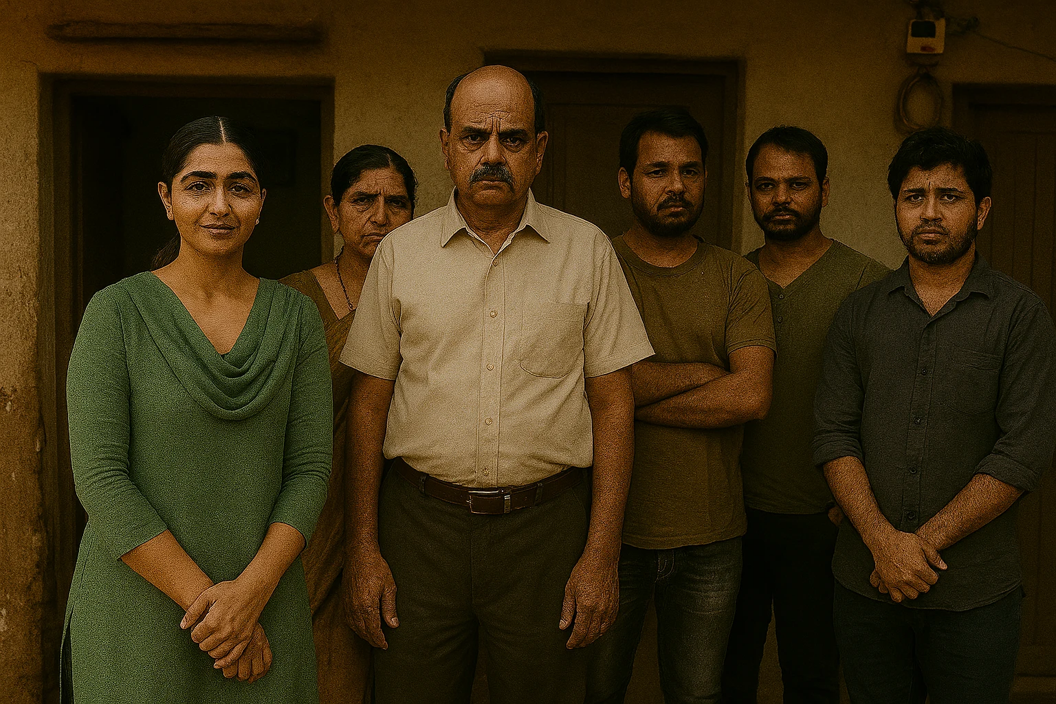 An Indian middle-aged couple stands with their three sons and one daughter outside a modest rural home, representing a family struggling with economic hardships.