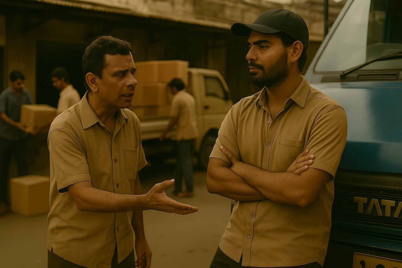 Indian transport worker negotiating with his manager in a busy warehouse yard with cardboard boxes and staff working in the background