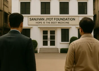 Two Indian men, viewed from behind, stand facing the Sanjivan Jyot Foundation office building, suggesting reflection and confrontation.