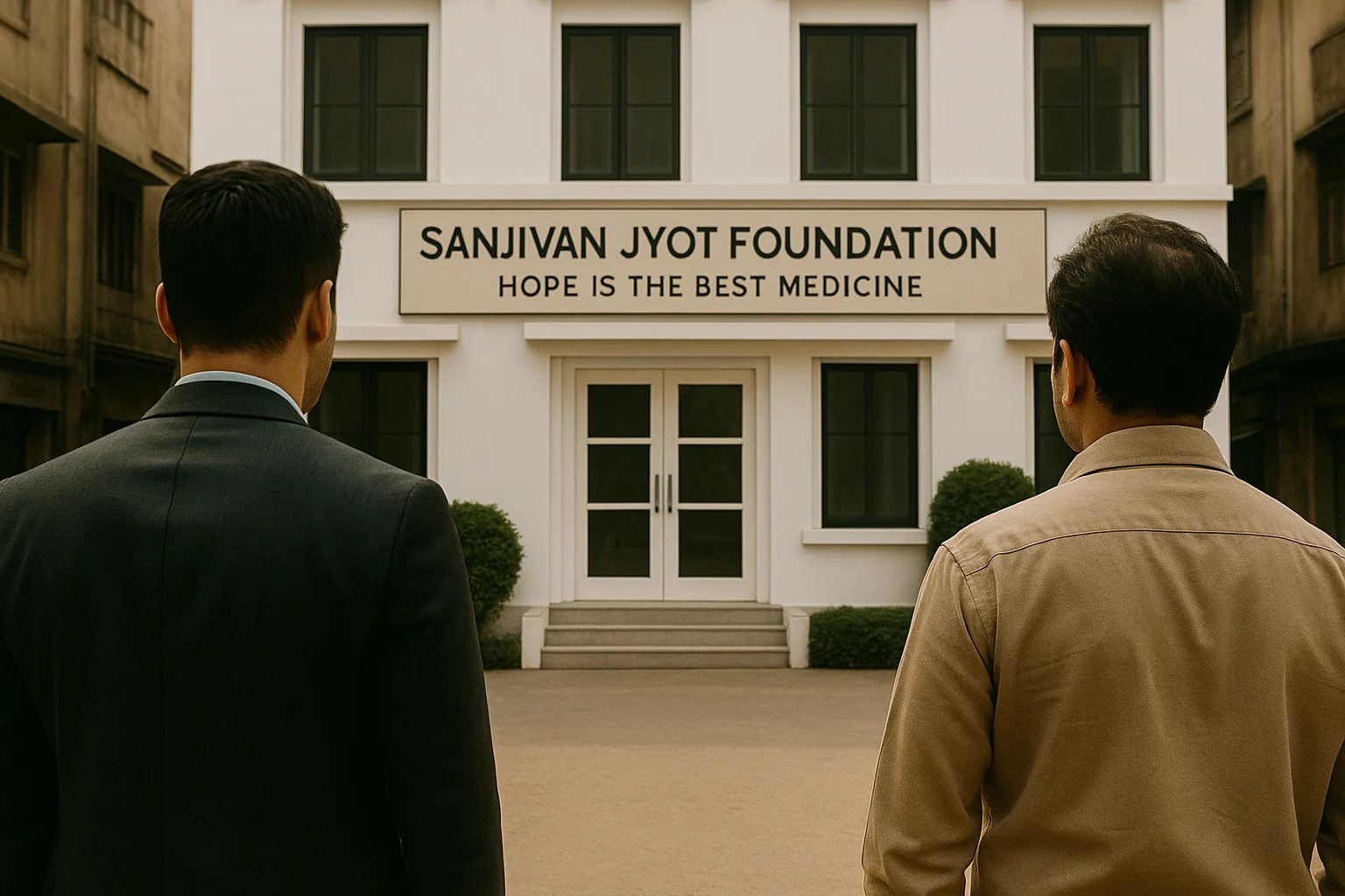 Two Indian men, viewed from behind, stand facing the Sanjivan Jyot Foundation office building, suggesting reflection and confrontation.