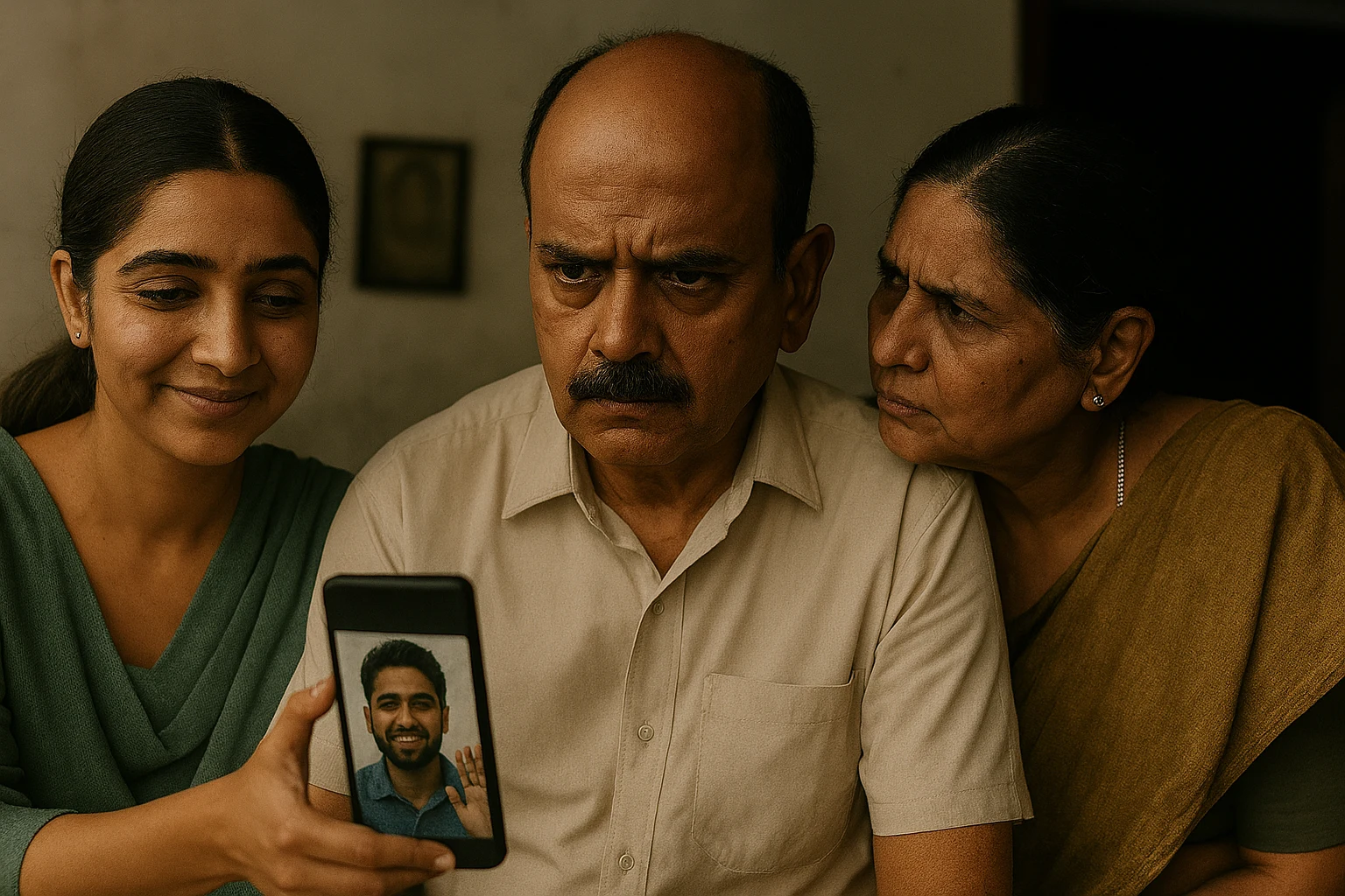 An Indian woman smiling during a video call as her conservative parents watch from behind, showing mixed reactions of suspicion and judgment.