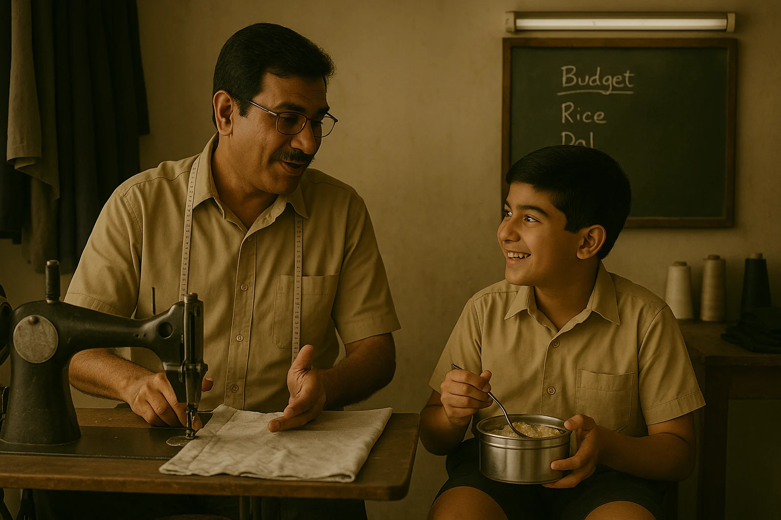 A tailor teaches life lessons to his son over lunch inside a small sewing workshop, symbolizing humble parenting and values
