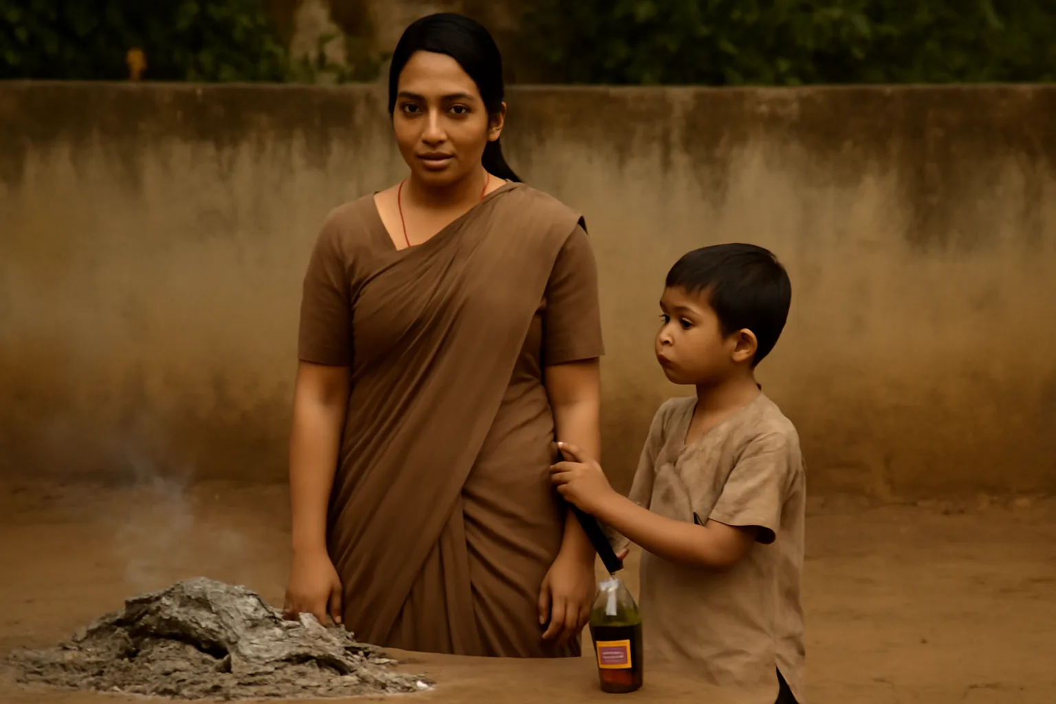A realistic 16:9 image of Meenakshi, consistent in appearance and attire, standing solemnly near a small pile of cremation ashes in a simple home. Her young son tugs at her saree pallu; beside the ashes lies a cheap bottle of rum, symbolizing memory and release.
