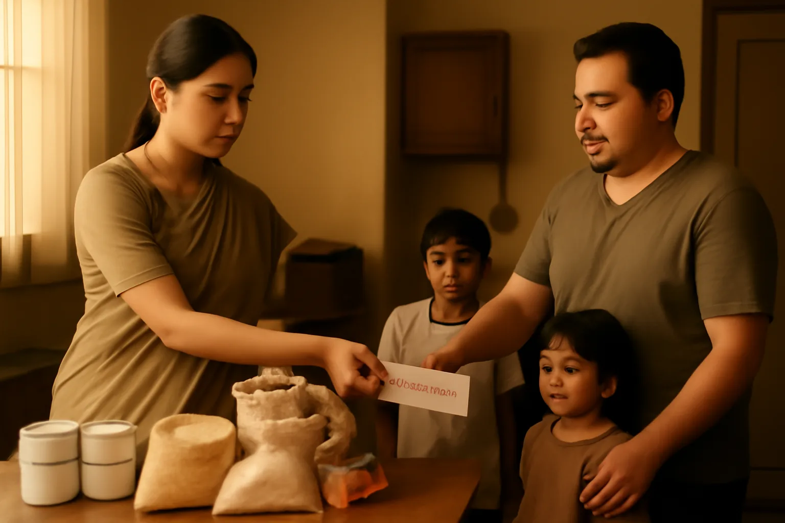 A realistic 16:9 scene of Meenakshi, a slender woman in a simple saree, passing an envelope to a round-bodied man in a modest Mumbai apartment. Children and home supplies are nearby, capturing the emotion and preparation before her trip to Gujarat.