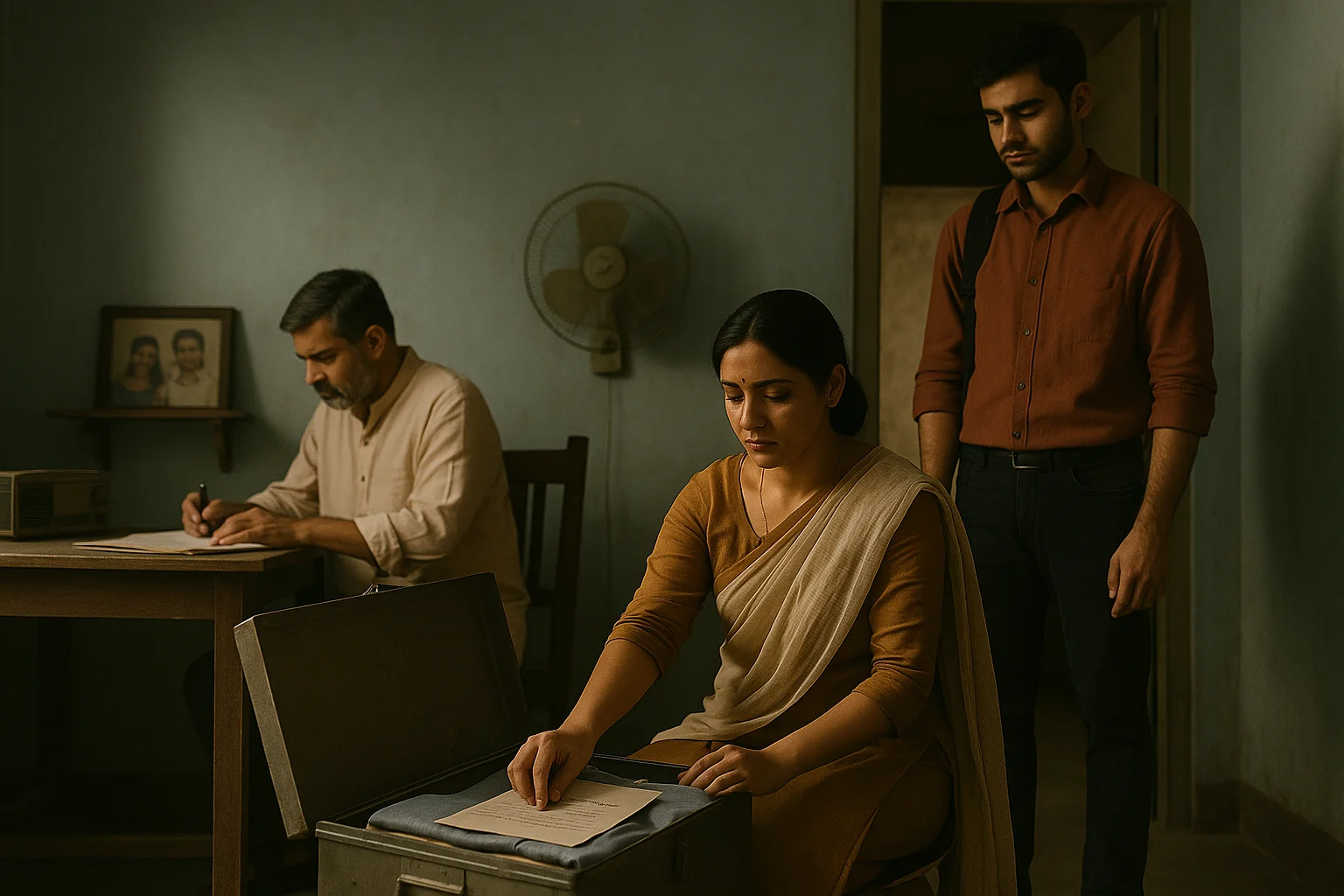 A South Asian woman sits beside an open trunk, placing a handwritten letter inside, while a young man with a backpack stands nearby. In the background, an older man sits at a desk, focused on writing, unaware of the quiet departure unfolding behind him.