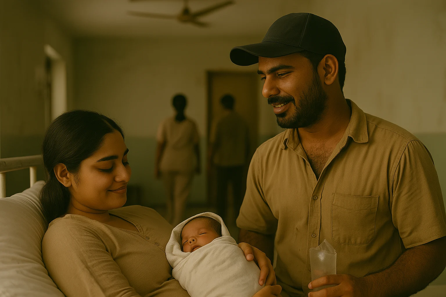 Indian mother holding newborn baby in hospital bed while father stands beside her with a smile in a modest government hospital ward