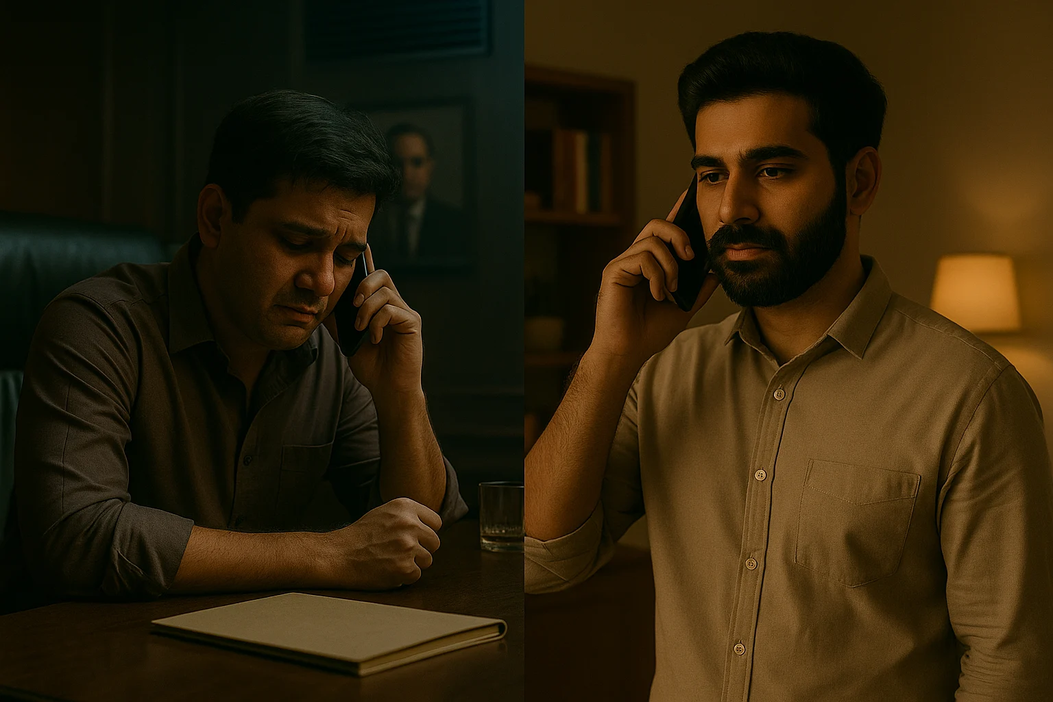 A split-screen image showing a stressed man in a dim office calling from one side, while a calm man in a warm-lit home listens thoughtfully from the other end.