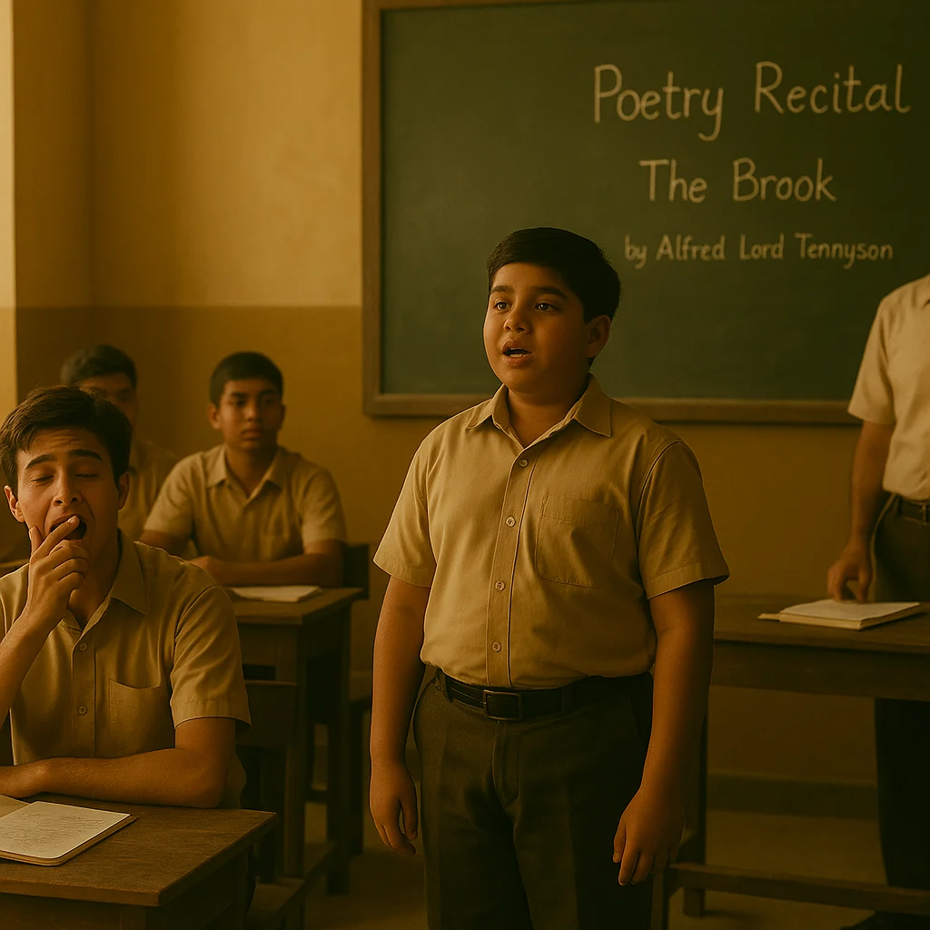 An Indian schoolboy stands to recite a poem in class while his mischievous friend pretends to yawn, and the teacher looks on impressed.