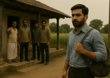 Young man leaves rural home as family watches from porch in Indian village