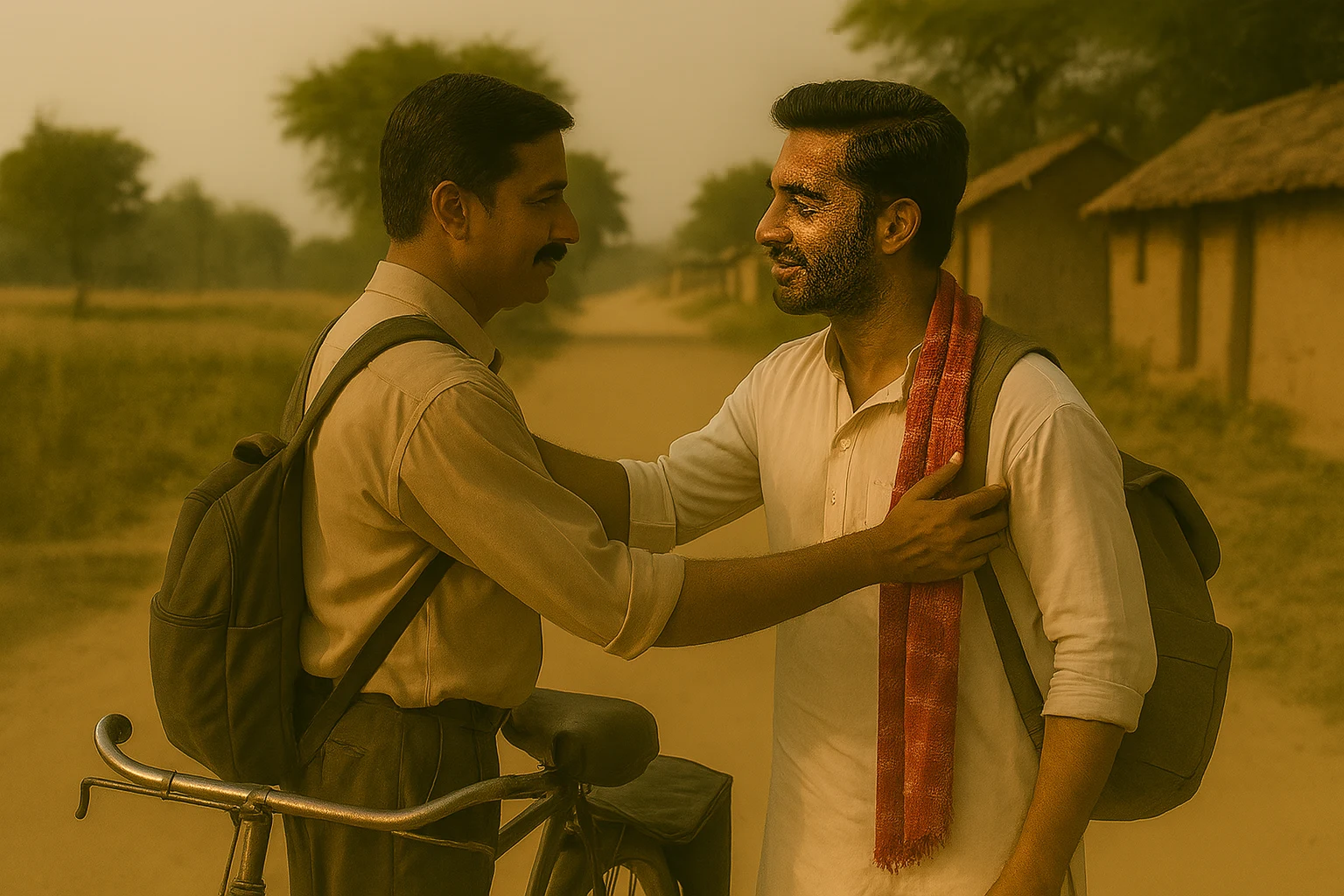 A South Asian school teacher with a bicycle and a man in traditional attire walking through a rural Indian village at sunrise, depicting farewell.