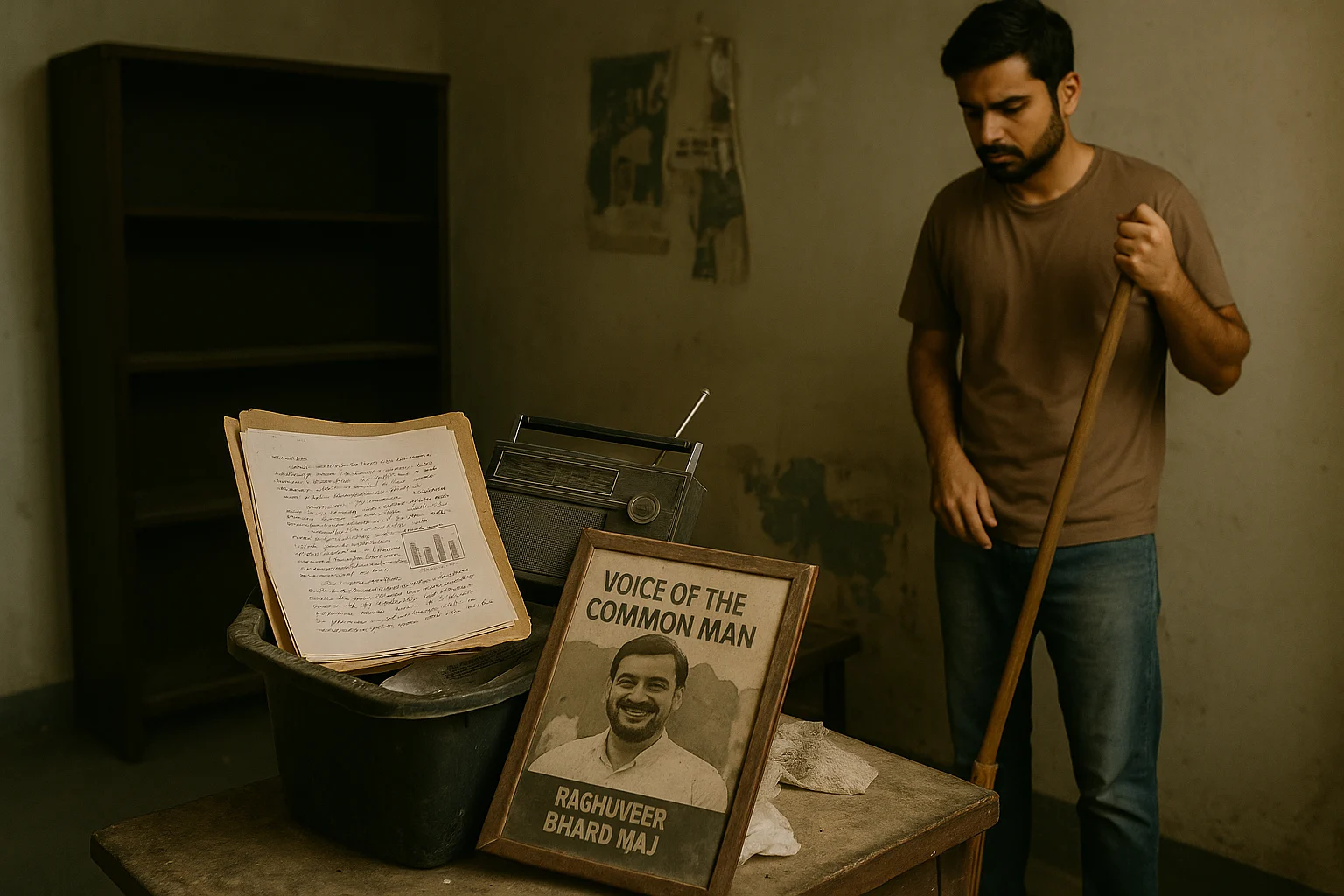 A young man cleaning a modest room stands near a table cluttered with discarded items — a handwritten policy file, a broken transistor, and a cracked framed photo labeled “Voice of the Common Man – Raghuveer Bhardwaj.
